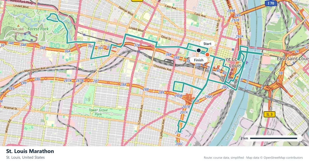 St. Louis Marathon course map: the route through St. Louis, with the start and the finish marked.