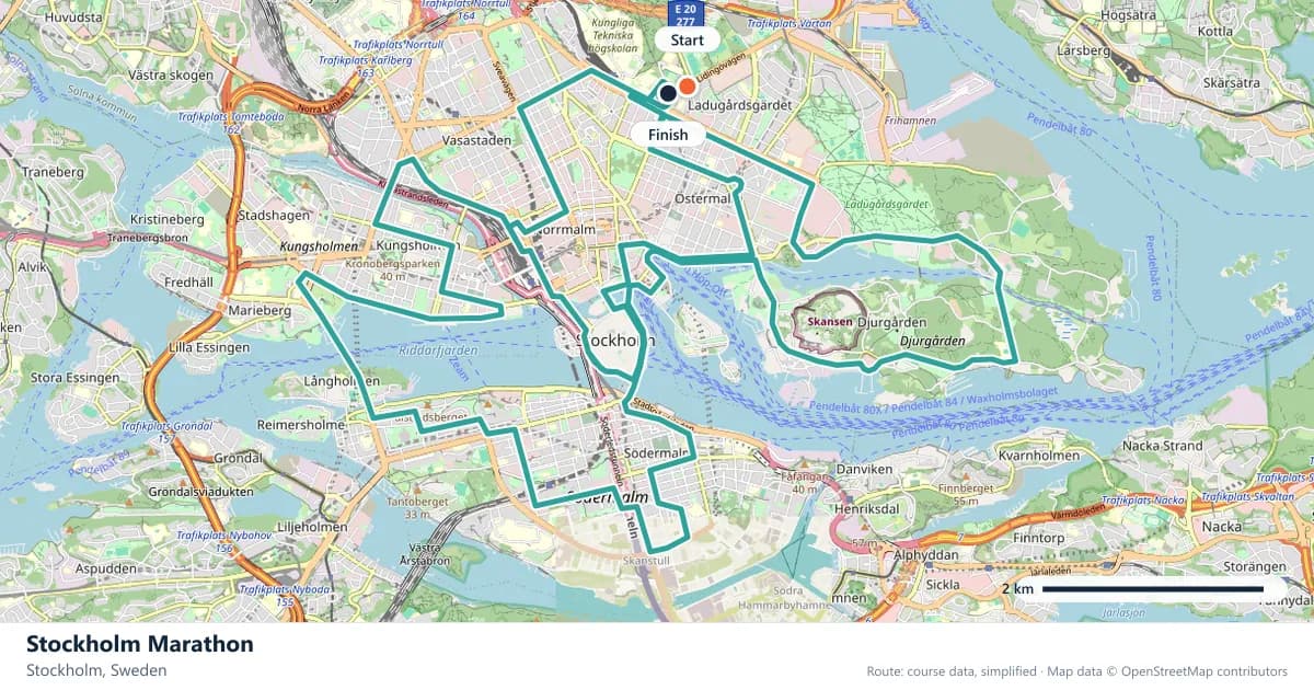 Stockholm Marathon course map: the route through Stockholm, with the start and the finish marked.