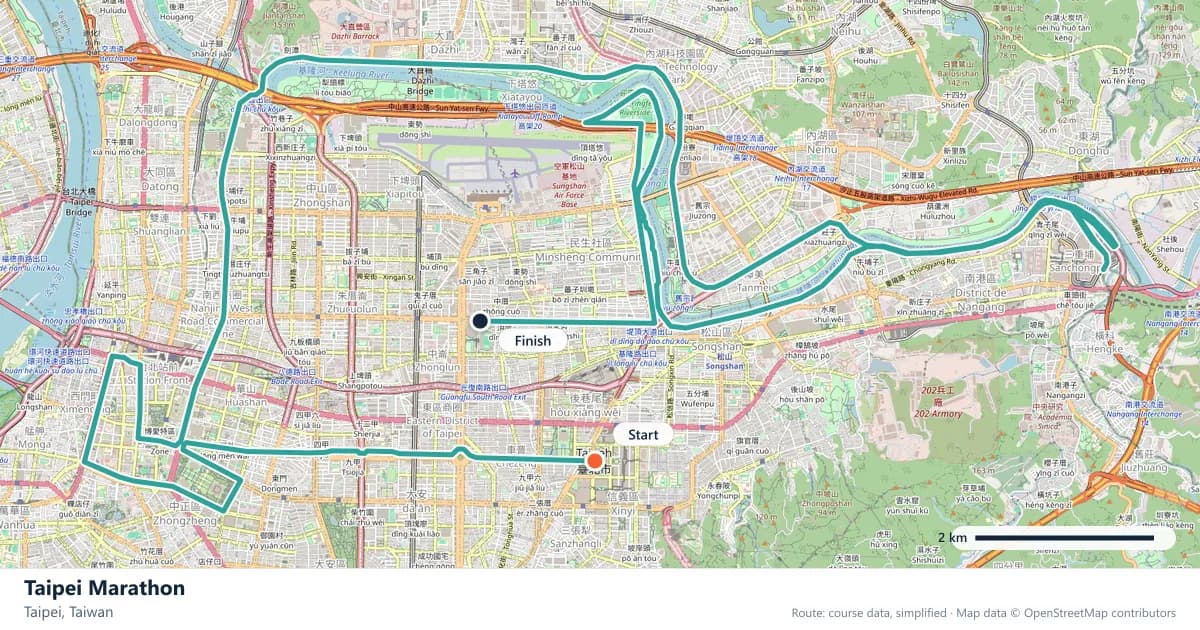 Taipei Marathon course map: the route through Taipei, with the start and the finish marked.