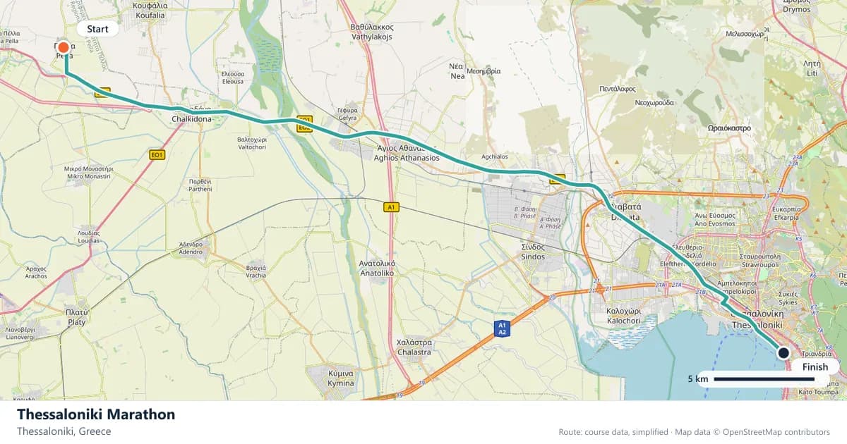 Thessaloniki Marathon course map: the route through Thessaloniki, with the start and the finish marked.