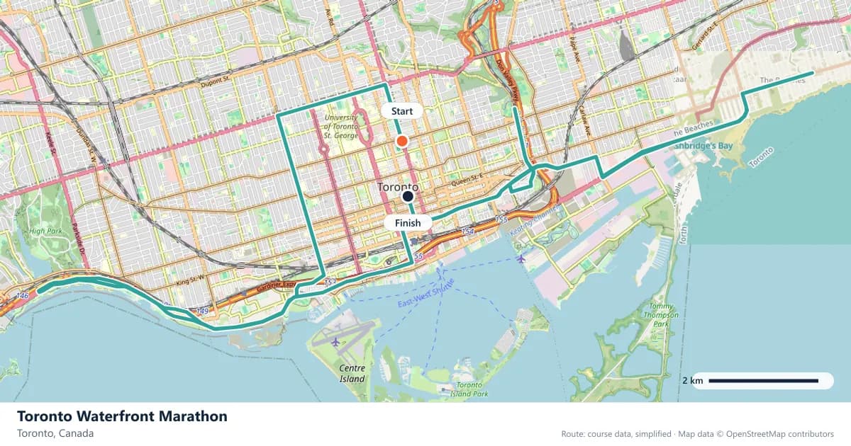 Toronto Waterfront Marathon course map: the route through Toronto, with the start and the finish marked.