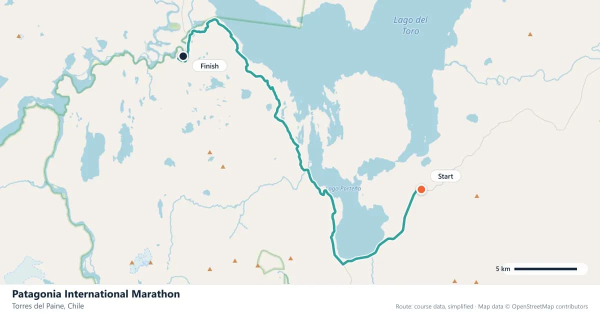 Patagonia International Marathon course map: the route through Torres del Paine, with the start and the finish marked.