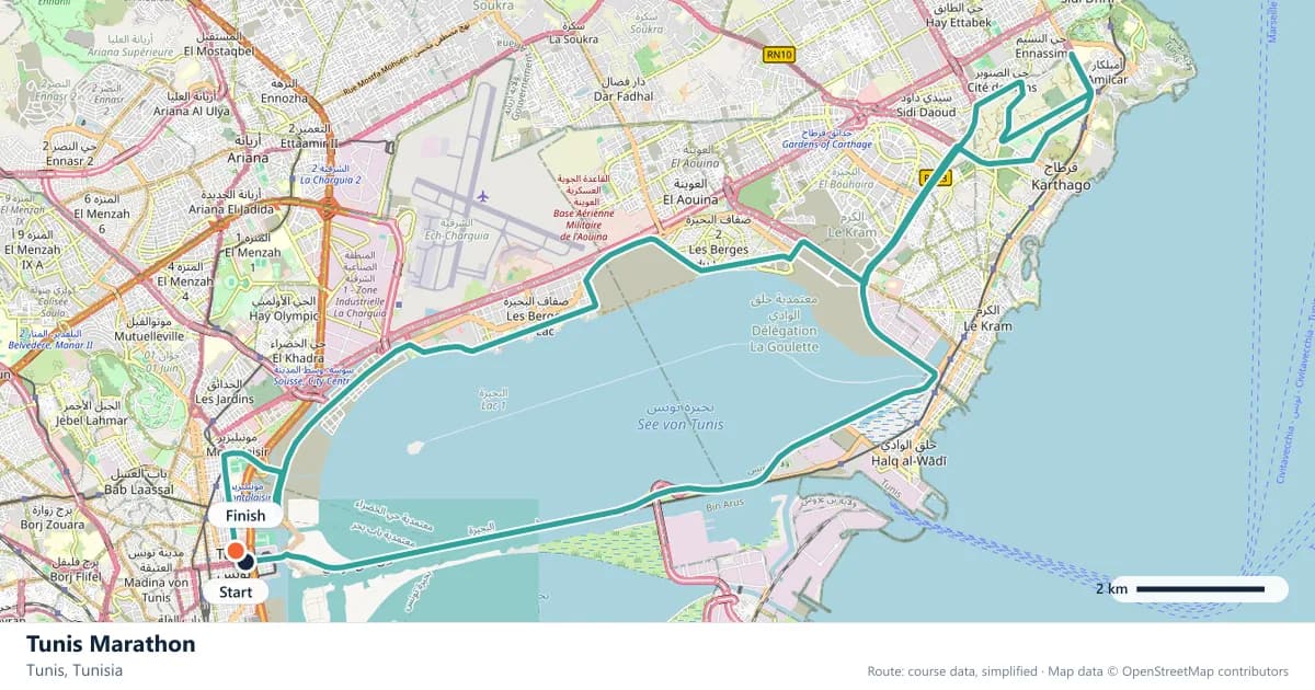 Tunis Marathon course map: the route through Tunis, with the start and the finish marked.