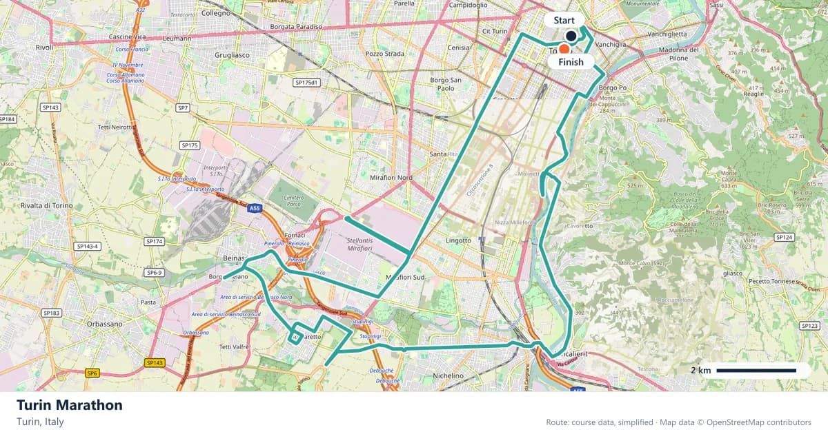 Turin Marathon course map: the route through Turin, with the start and the finish marked.