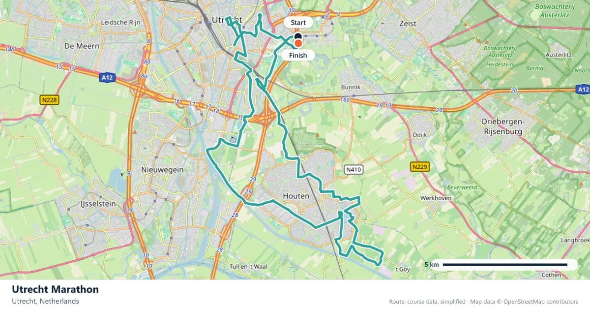 Utrecht Marathon course map: the route through Utrecht, with the start and the finish marked.
