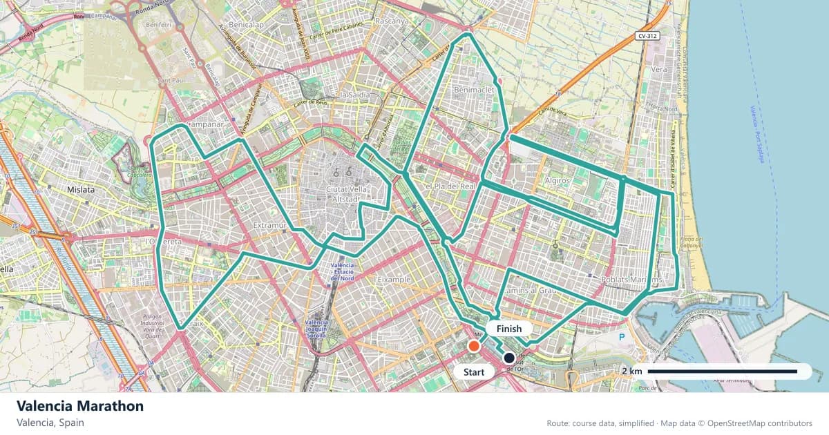 Valencia Marathon course map: the route through Valencia, with the start and the finish marked.