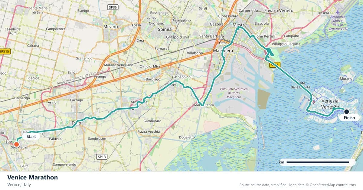Venice Marathon course map: the route through Venice, with the start and the finish marked.