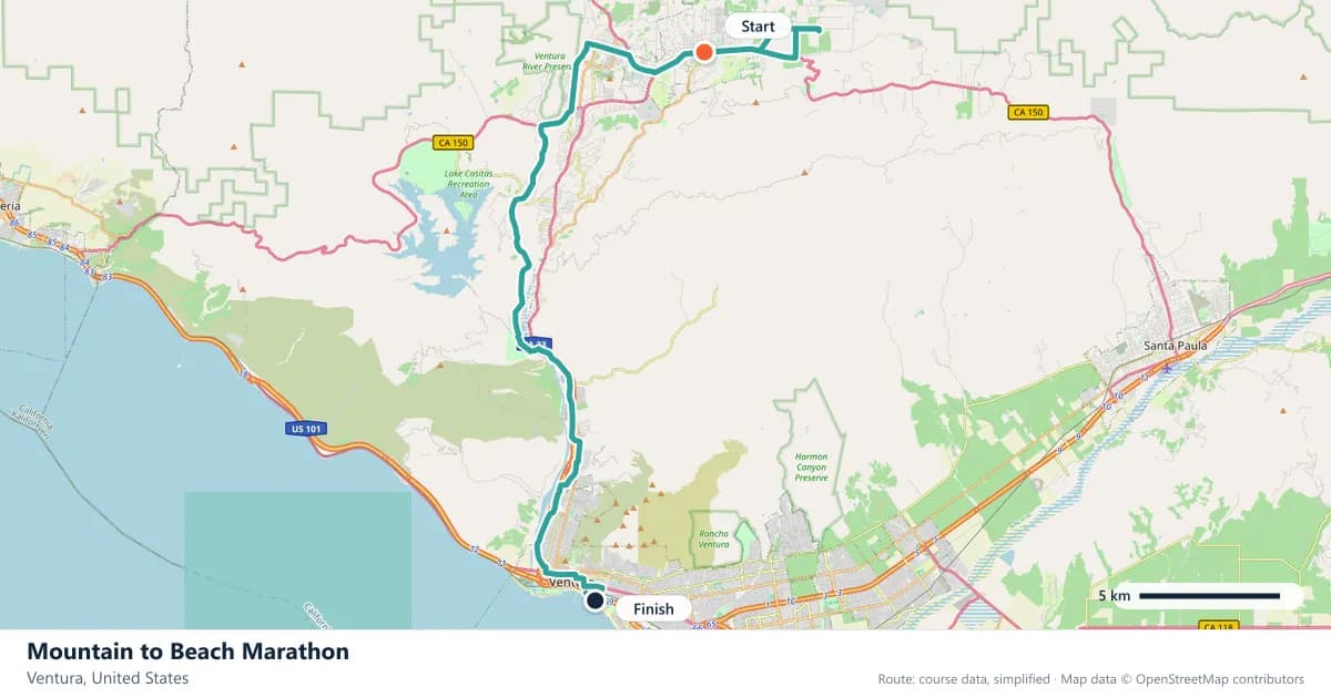 Mountain to Beach Marathon course map: the route through Ventura, with the start and the finish marked.