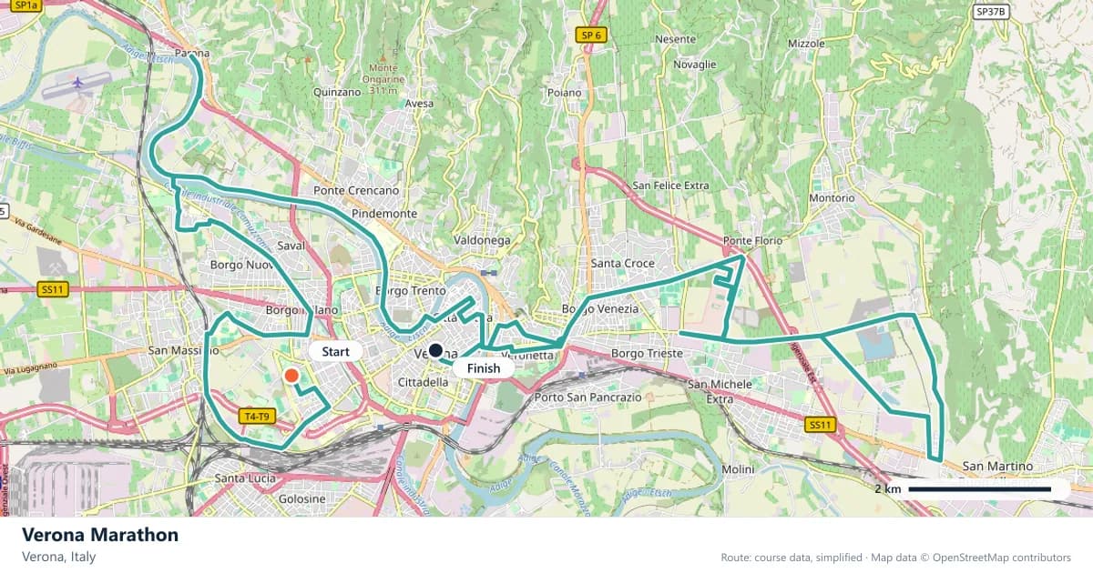 Verona Marathon course map: the route through Verona, with the start and the finish marked.