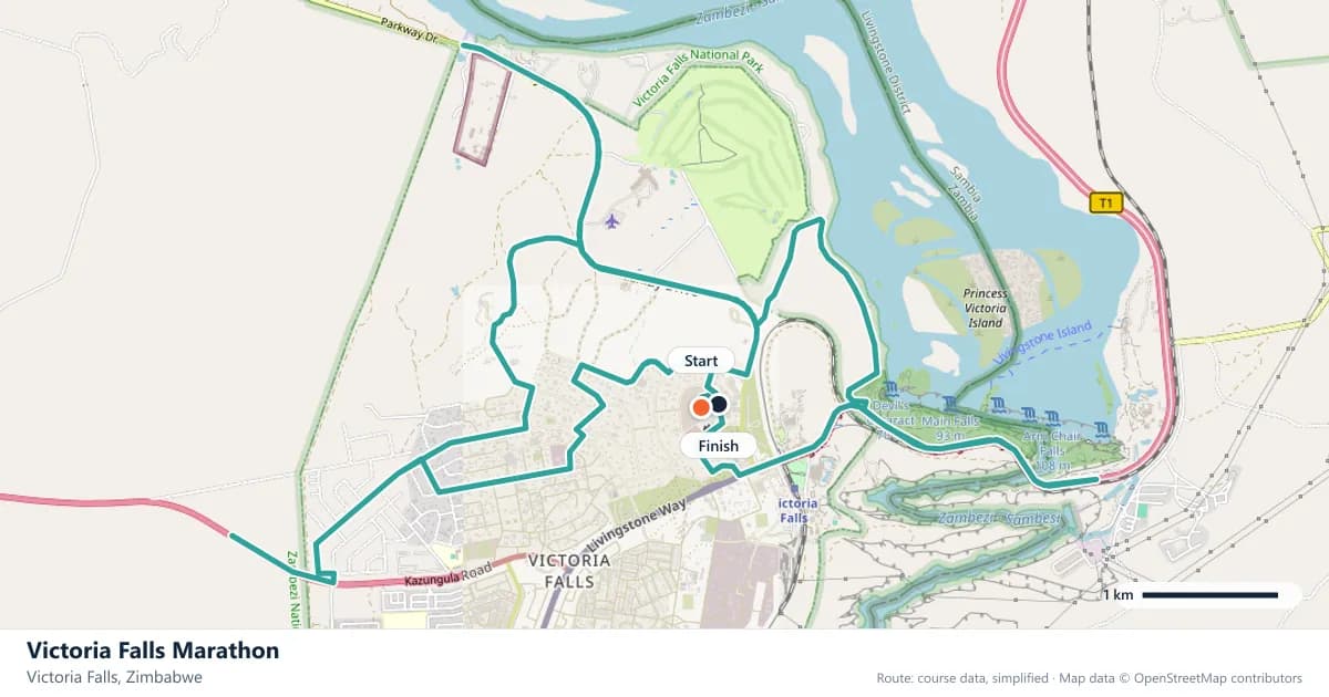 Victoria Falls Marathon course map: the route through Victoria Falls, with the start and the finish marked.