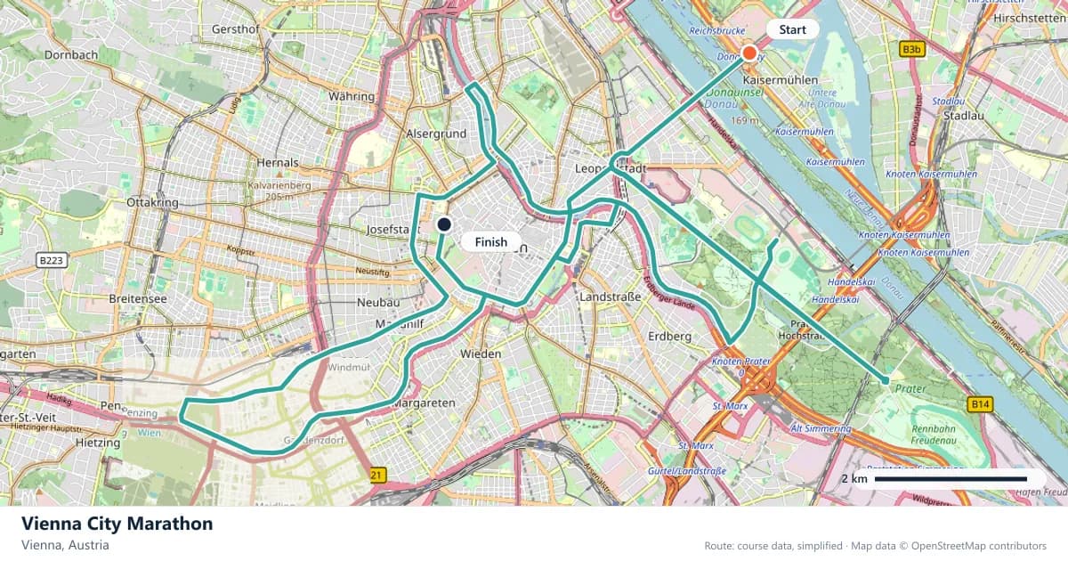 Vienna City Marathon course map: the route through Vienna, with the start and the finish marked.