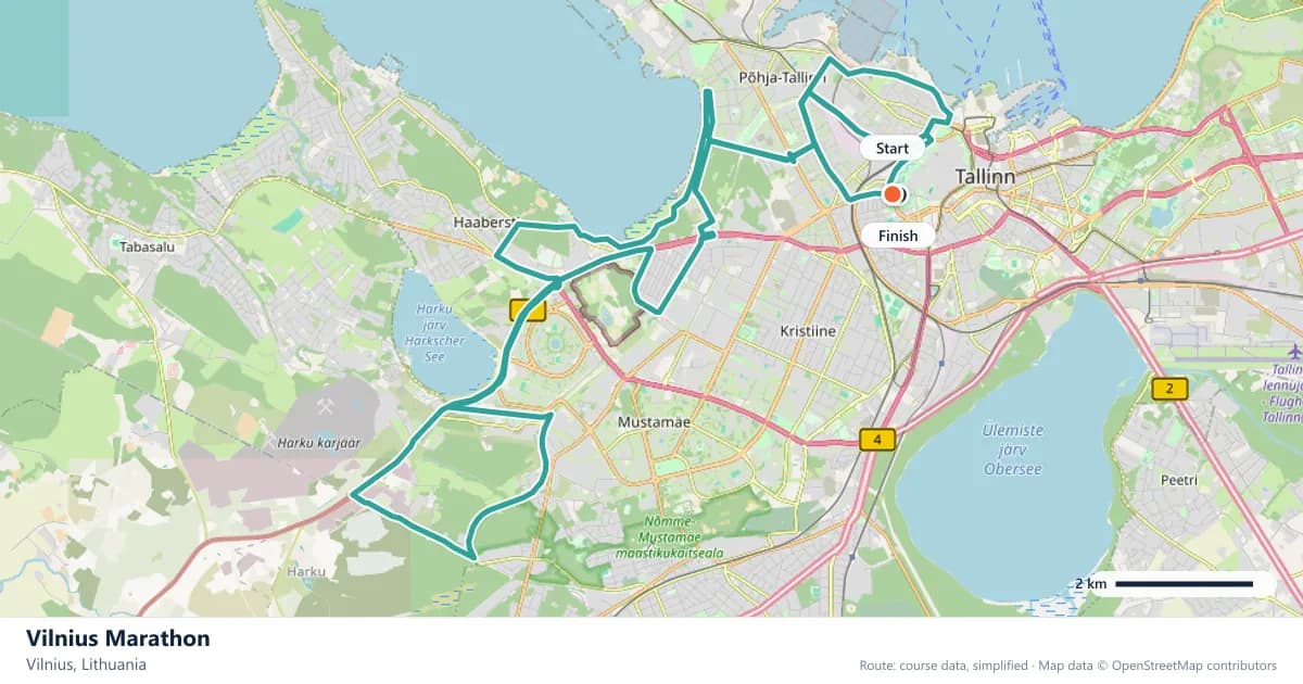 Vilnius Marathon course map: the route through Vilnius, with the start and the finish marked.