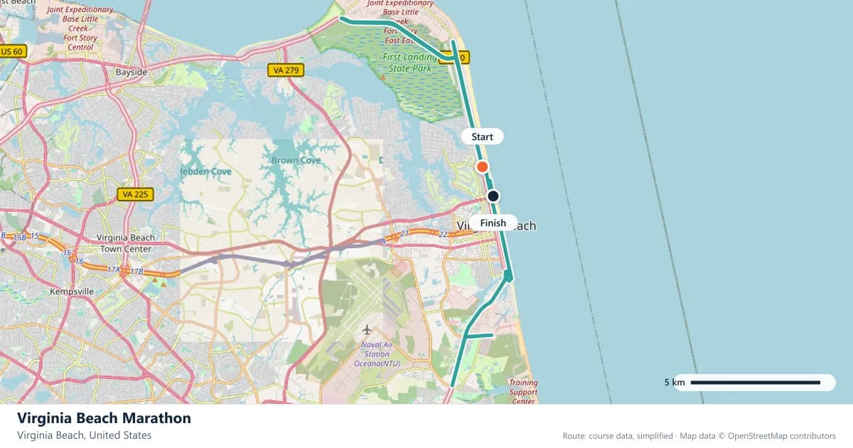 Virginia Beach Marathon course map: the route through Virginia Beach, with the start and the finish marked.
