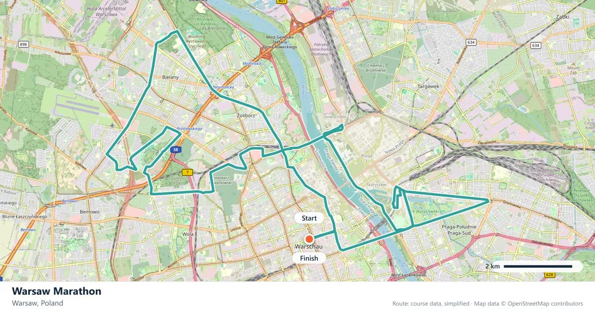 Warsaw Marathon course map: the route through Warsaw, with the start and the finish marked.