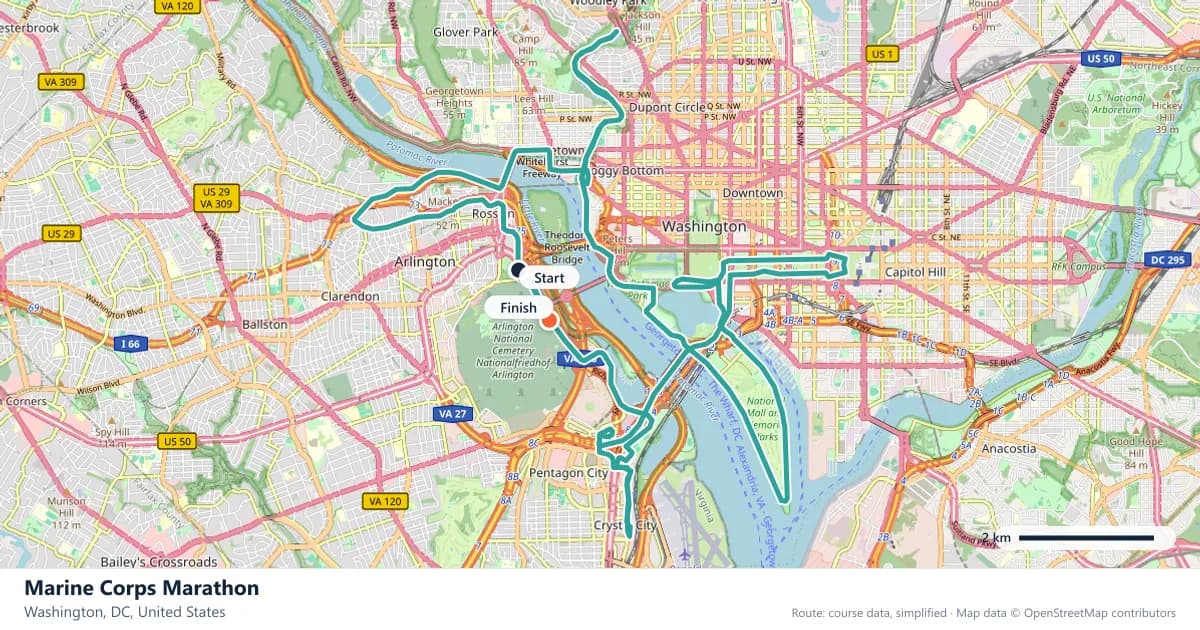 Marine Corps Marathon course map: the route through Washington, DC, with the start and the finish marked.