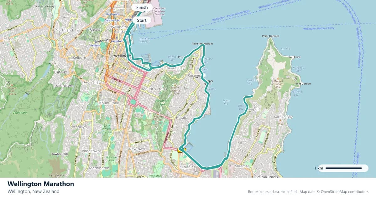 Wellington Marathon course map: the route through Wellington, with the start and the finish marked.
