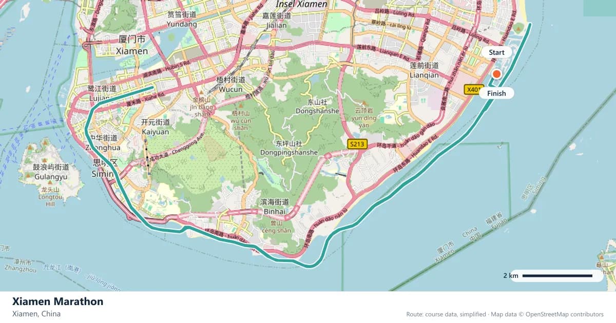 Xiamen Marathon course map: the route through Xiamen, with the start and the finish marked.