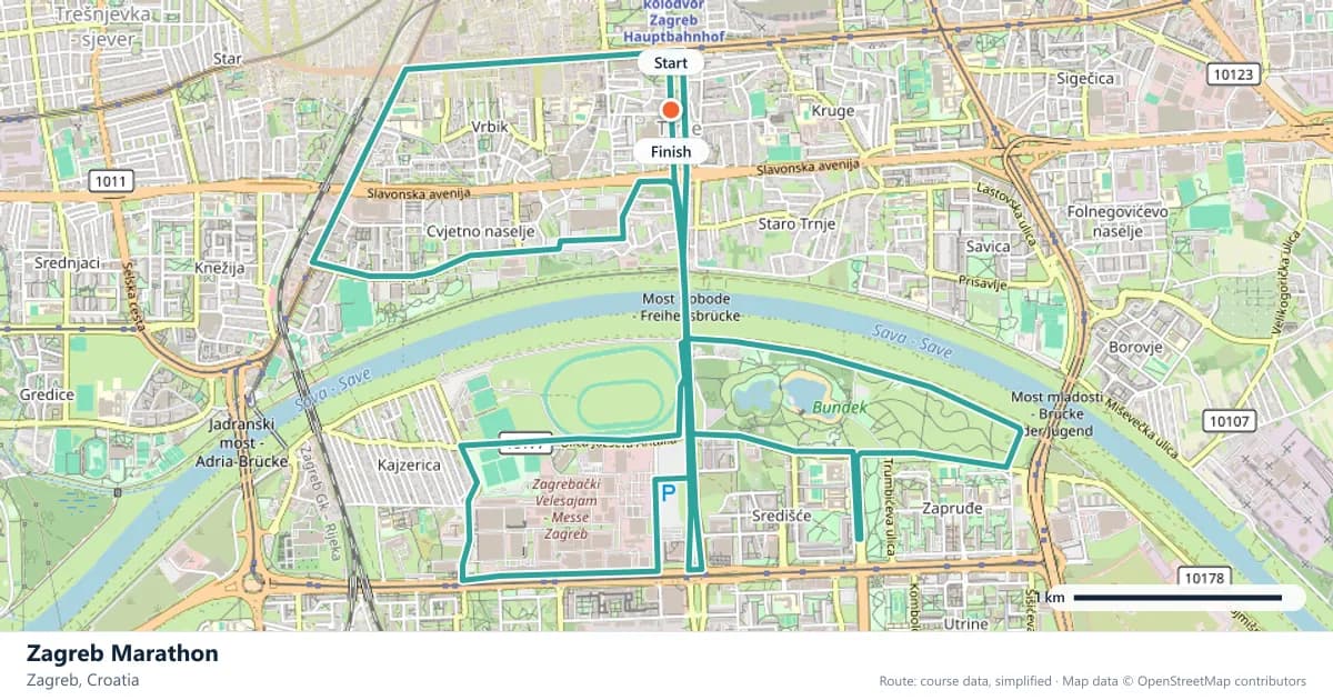 Zagreb Marathon course map: the route through Zagreb, with the start and the finish marked.