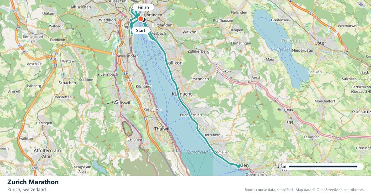 Zurich Marathon course map: the route through Zurich, with the start and the finish marked.