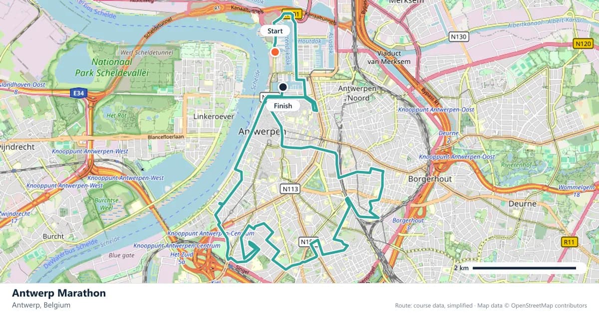 Antwerp Marathon course map: the route through Antwerp, with the start and the finish marked.