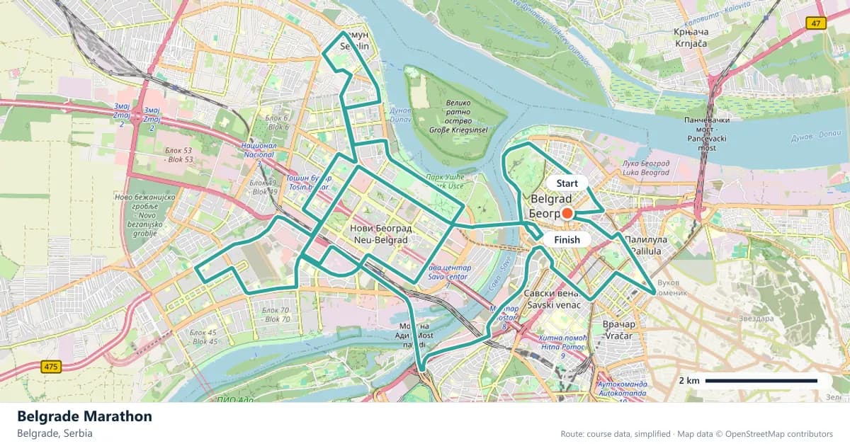 Belgrade Marathon course map: the route through Belgrade, with the start and the finish marked.