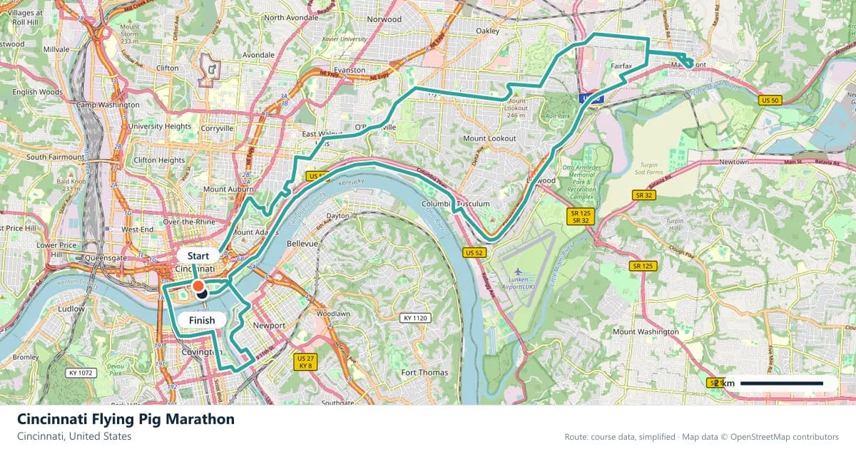 Cincinnati Flying Pig Marathon course map: the route through Cincinnati, with the start and the finish marked.