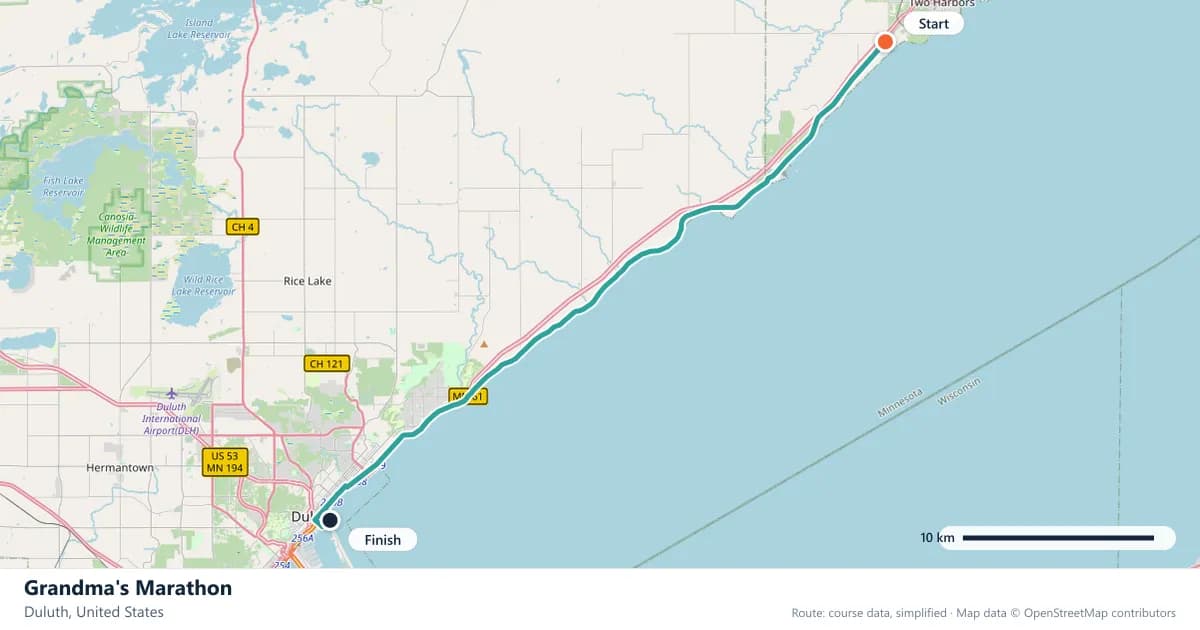 Grandma's Marathon course map: the route through Duluth, with the start and the finish marked.