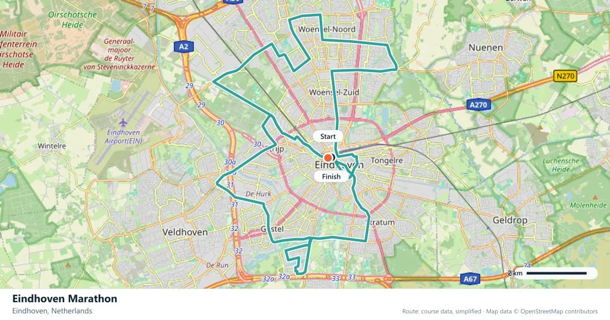 Eindhoven Marathon course map: the route through Eindhoven, with the start and the finish marked.