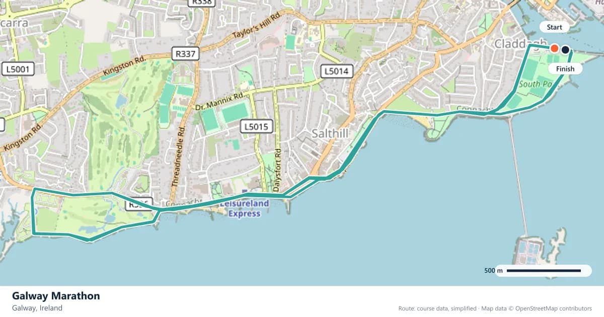 Galway Marathon course map: the route through Galway, with the start and the finish marked.