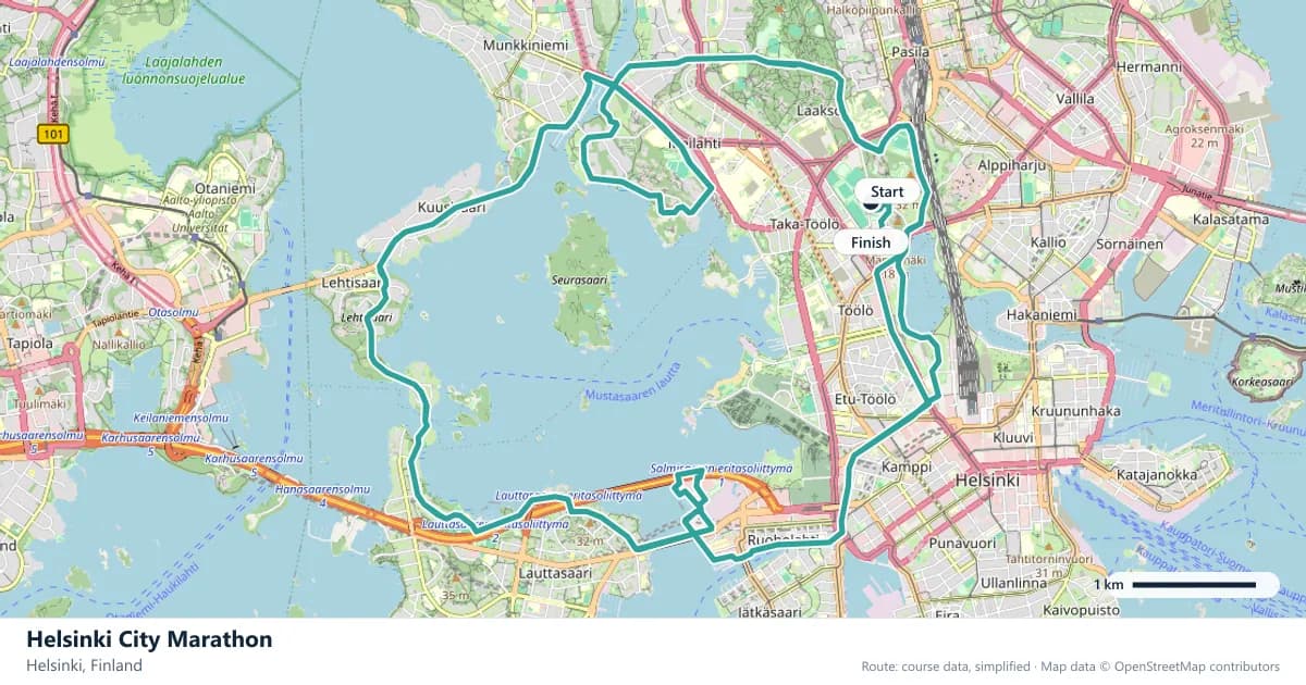 Helsinki City Marathon course map: the route through Helsinki, with the start and the finish marked.
