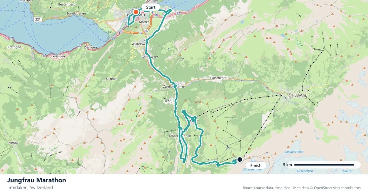 Jungfrau Marathon course map: the route through Interlaken, with the start and the finish marked.