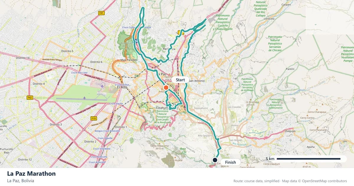 La Paz Marathon course map: the route through La Paz, with the start and the finish marked.