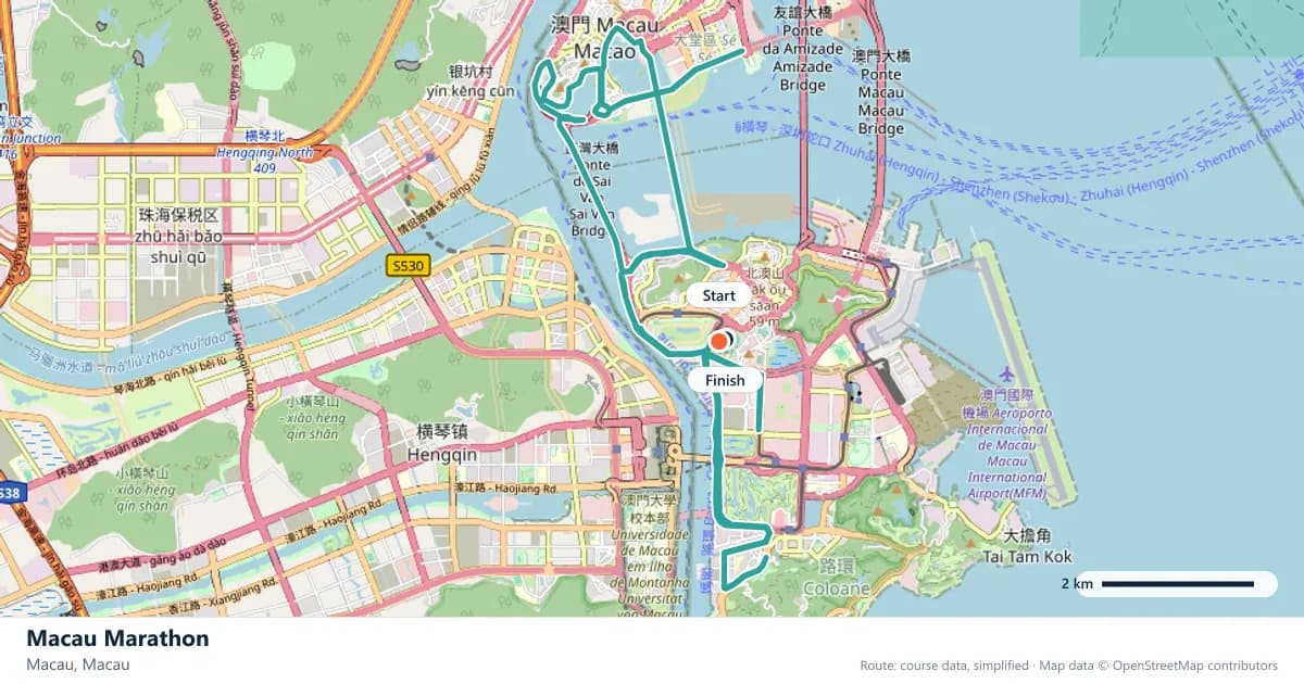 Macau Marathon course map: the route through Macau, with the start and the finish marked.