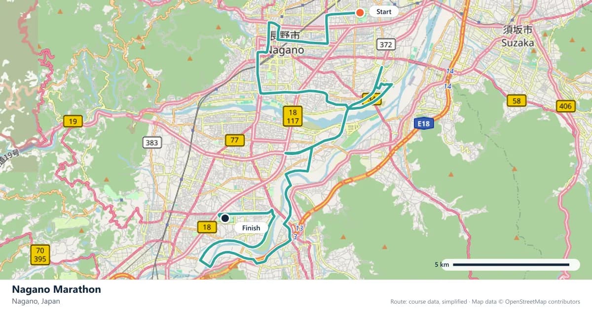Nagano Marathon course map: the route through Nagano, with the start and the finish marked.