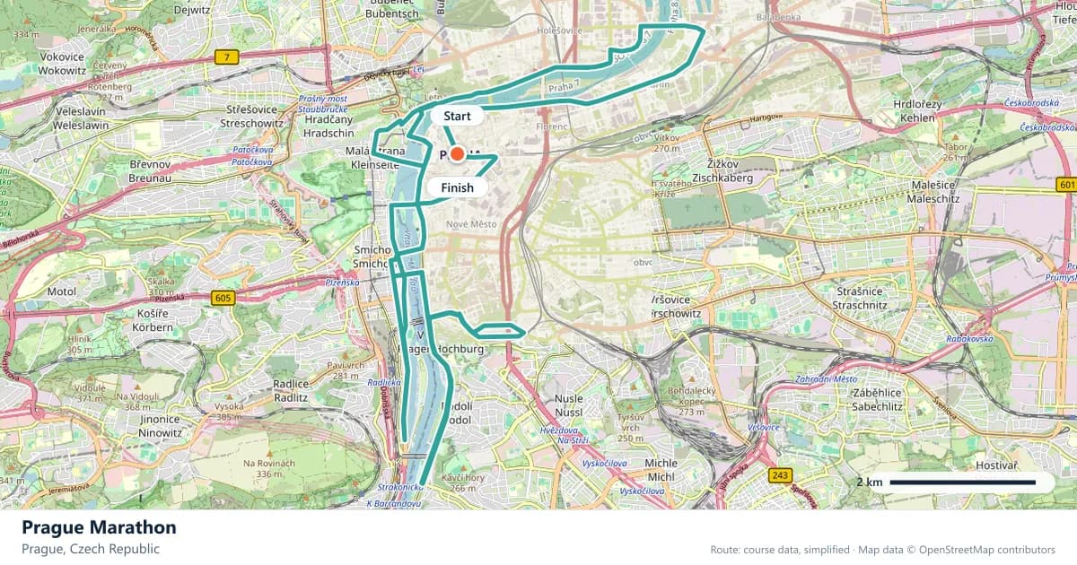 Prague Marathon course map: the route through Prague, with the start and the finish marked.