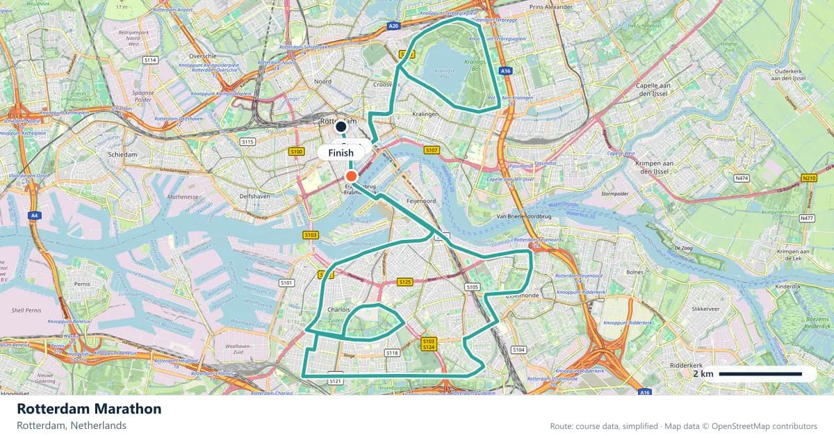 Rotterdam Marathon course map: the route through Rotterdam, with the start and the finish marked.