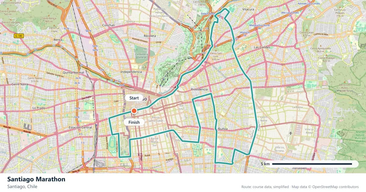 Santiago Marathon course map: the route through Santiago, with the start and the finish marked.