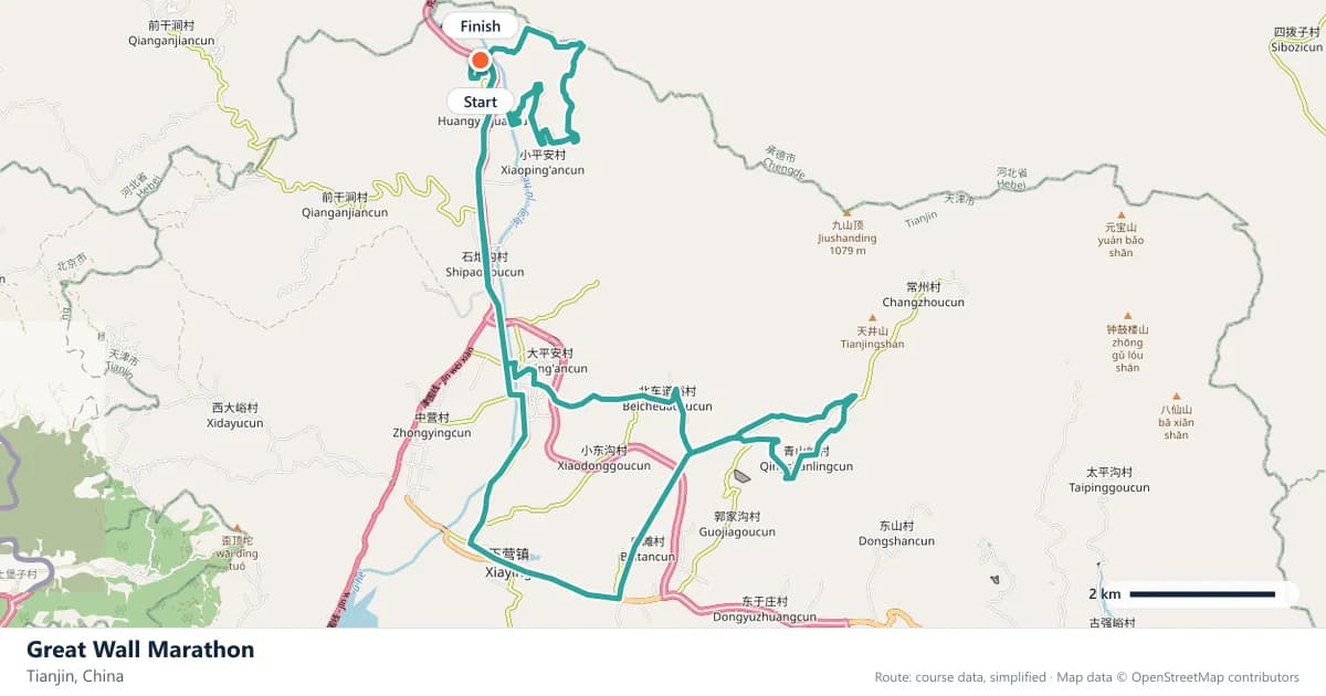 Great Wall Marathon course map: the route through Tianjin, with the start and the finish marked.