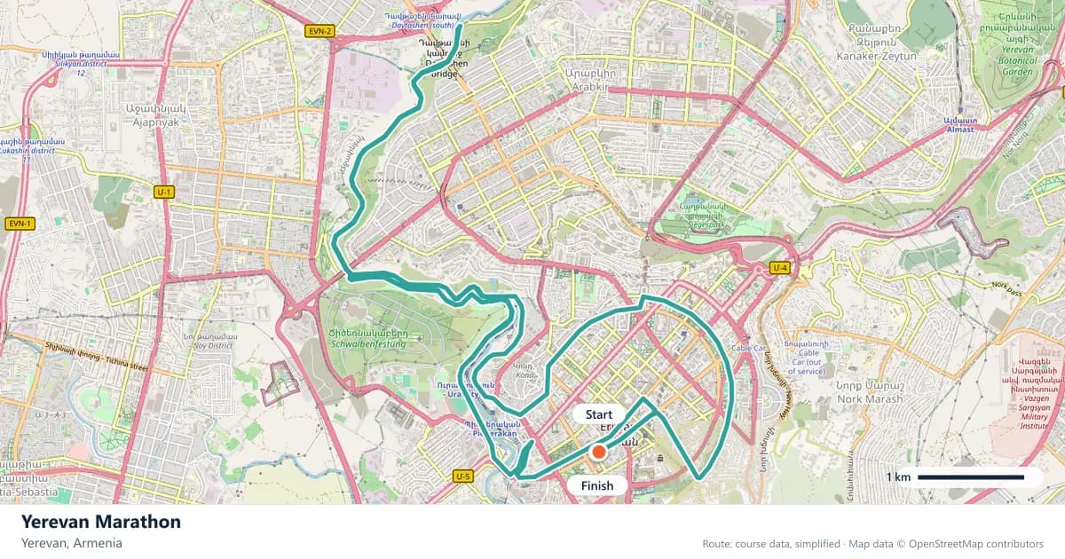 Yerevan Marathon course map: the route through Yerevan, with the start and the finish marked.